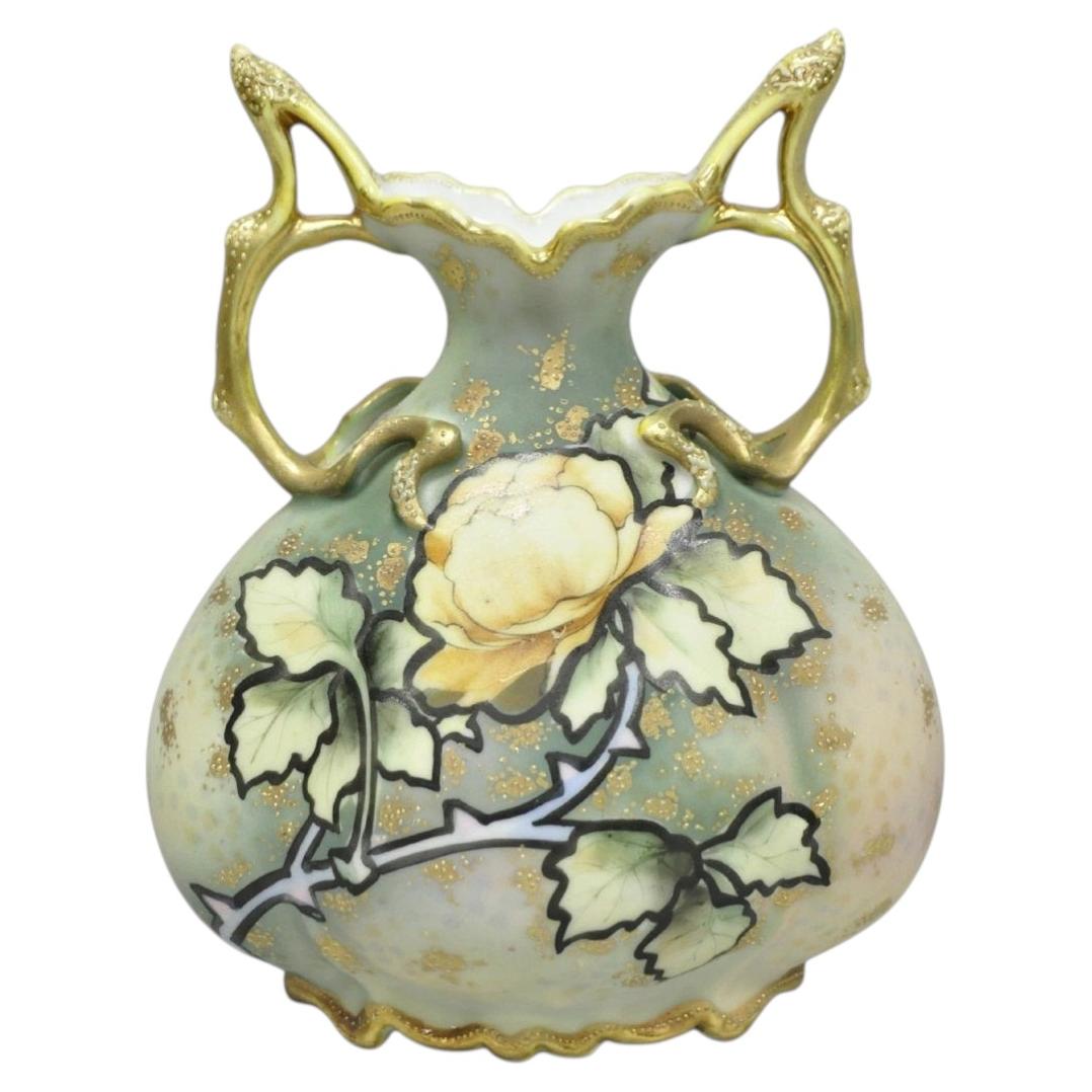 Antique Nippon Hand Painted Porcelain Twin Branch Handle Yellow Rose Small Vase For Sale