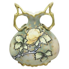 Antique Nippon Hand Painted Porcelain Twin Branch Handle Yellow Rose Small Vase