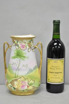 Antique Nippon Hand Painted Porcelain Twin Handle Vase w /Flowers & Lake Scene
