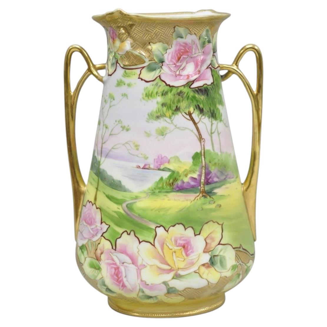Antique Nippon Hand Painted Porcelain Twin Handle Vase w /Flowers & Lake Scene