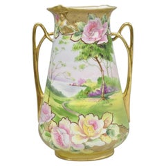 Antique Nippon Hand Painted Porcelain Twin Handle Vase w /Flowers & Lake Scene