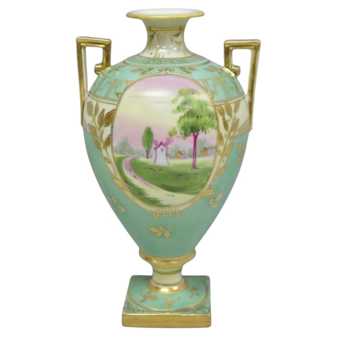 Antique Nippon Hand Painted Porcelain Windmill Scene Green Small Bolted Vase