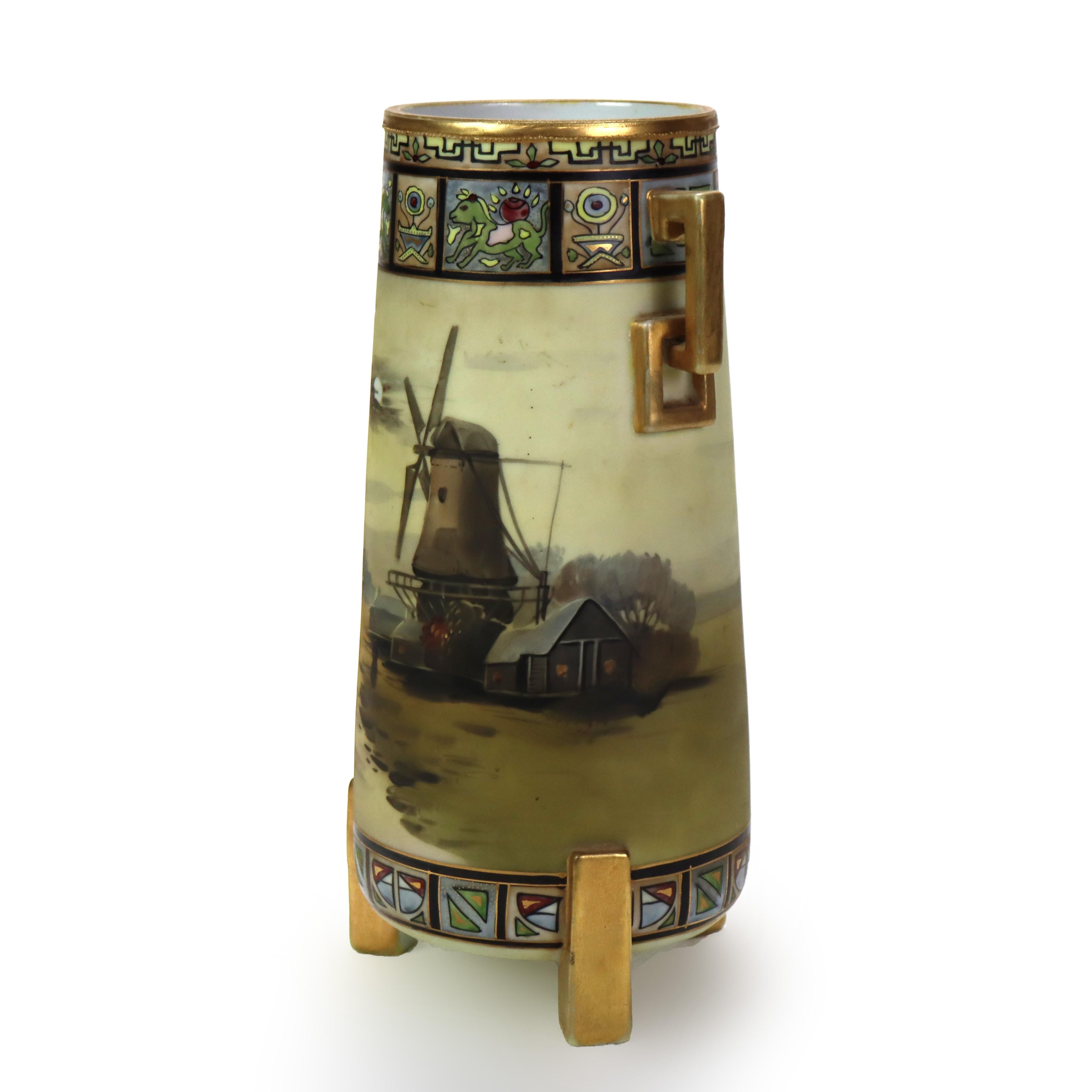 Antiguo jarrón de porcelana pintado a mano con pie de molino de viento pintado a mano C1920 en Bueno estado para la venta en Big Flats, NY