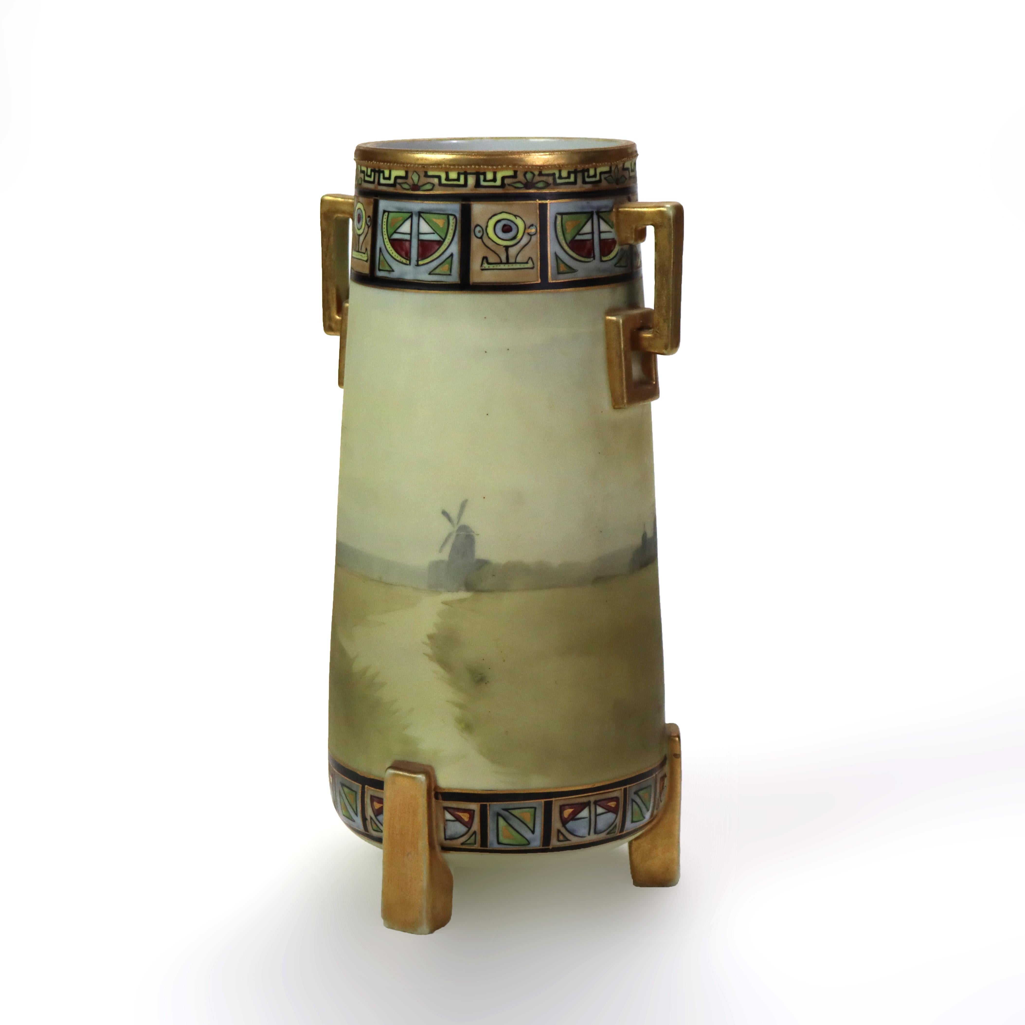Antiguo jarrón de porcelana pintado a mano con pie de molino de viento pintado a mano C1920 Porcelana en venta