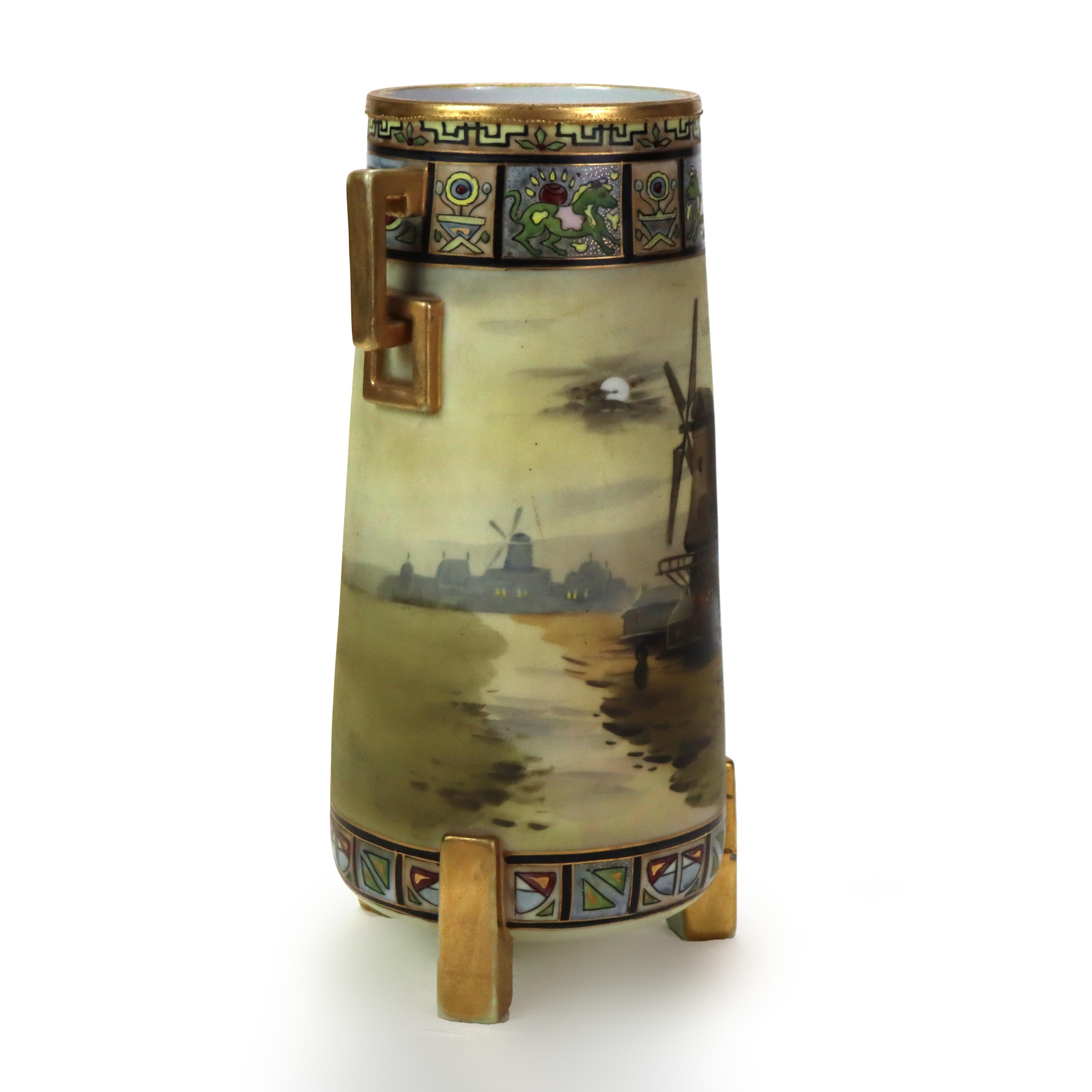 Antiguo jarrón de porcelana pintado a mano con pie de molino de viento pintado a mano C1920 en venta 1