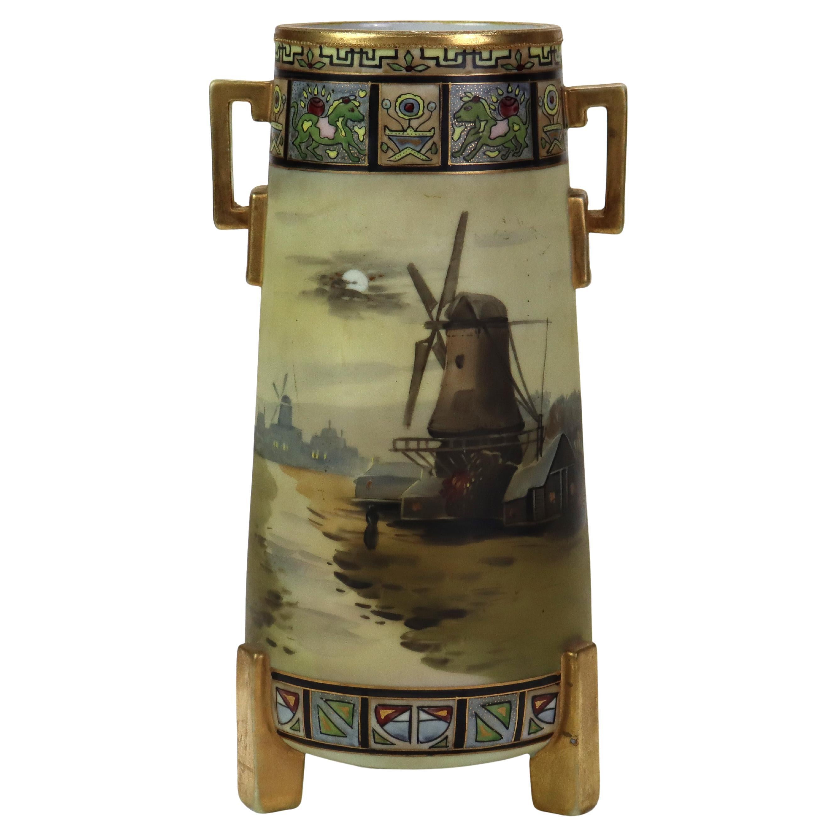 Antique Nippon Hand Painted Scenic Windmill Footed Porcelain Vase Signed C1920