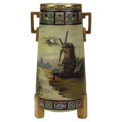 Antique Nippon Hand Painted Scenic Windmill Footed Porcelain Vase Signed C1920