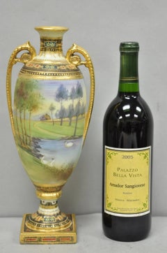 Vase ancien Nippon peint à la main à deux anses, doré, scène de lac et de cygne, boulonné