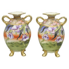 Antique Nippon Moriage Hand Painted Porcelain Purple Iris & Gold Gilt Vase Pair