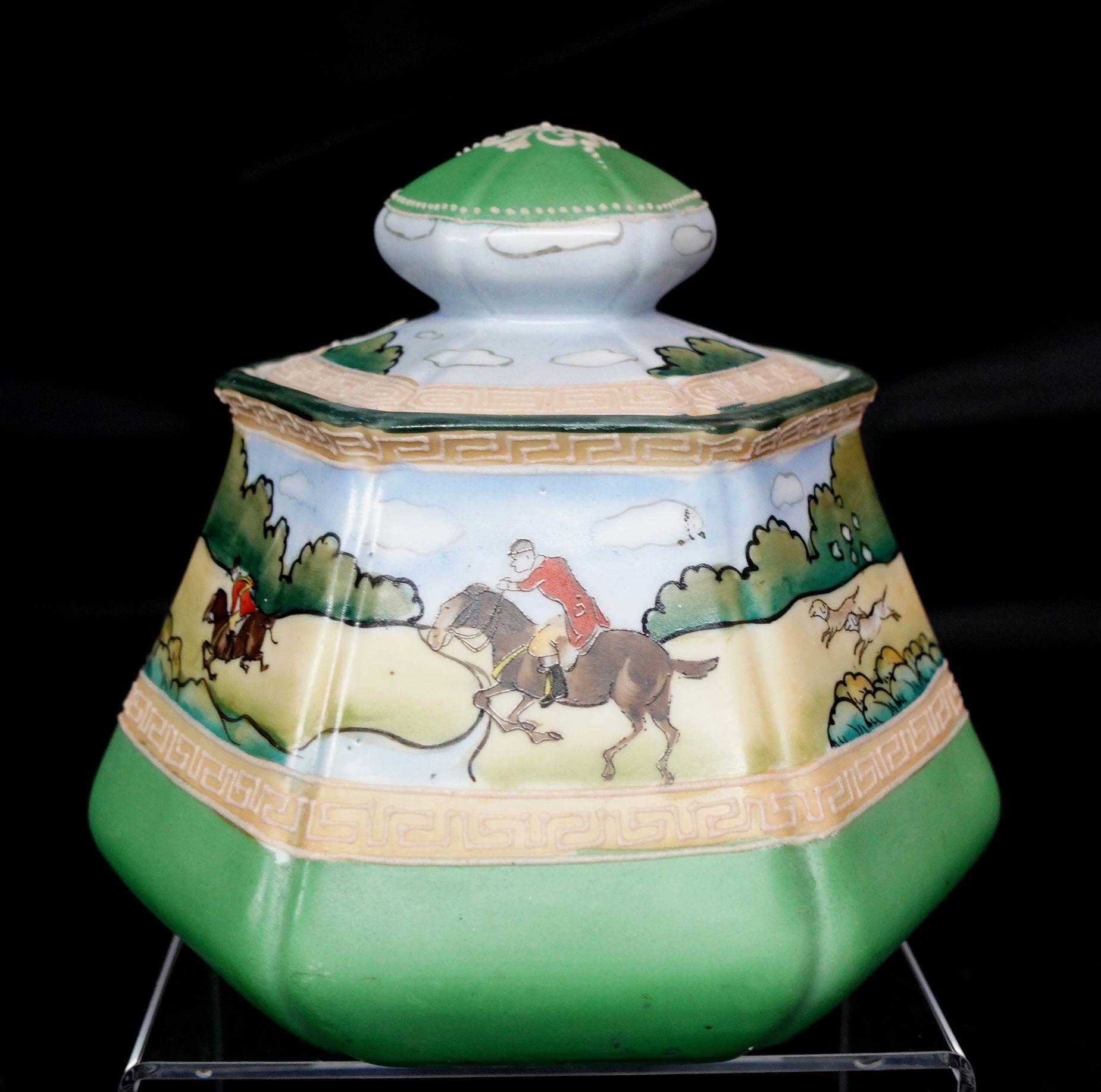 Antique 1900s Nippon Moriage hexagonal humidor with English Hunt Scene, hand-painted signed and marked at the bottom.
   