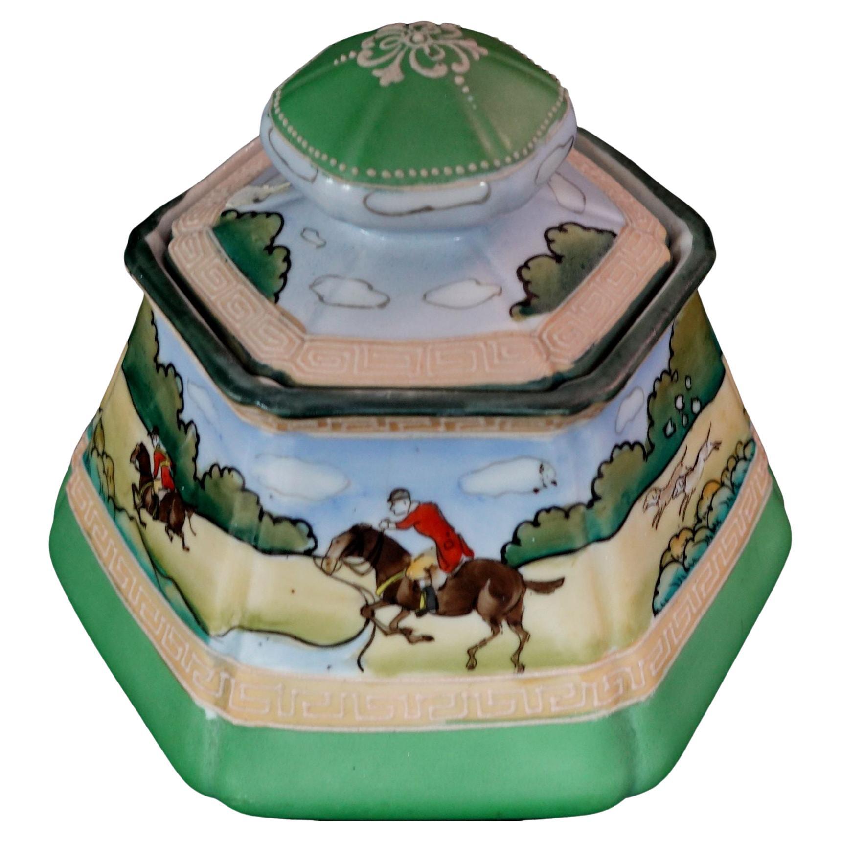 Antique Nippon Moriage Hexagonal Humidor English Hunt Scene"Marked", #Ric00019 For Sale