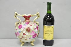 Antique Nippon Moriage Porcelain Twin Handle Ball Vase w/ Hand Painted Roses (B)