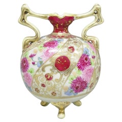 Antique Nippon Moriage Porcelain Twin Handle Ball Vase w/ Hand Painted Roses (B)