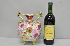 Antique Nippon Moriage Porcelain Twin Handle Ball Vase w/ Hand Painted Roses