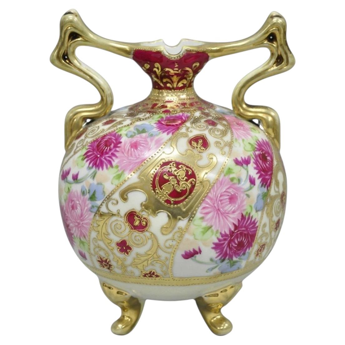 Antique Nippon Moriage Porcelain Twin Handle Ball Vase w/ Hand Painted Roses