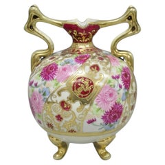 Antique Nippon Moriage Porcelain Twin Handle Ball Vase w/ Hand Painted Roses