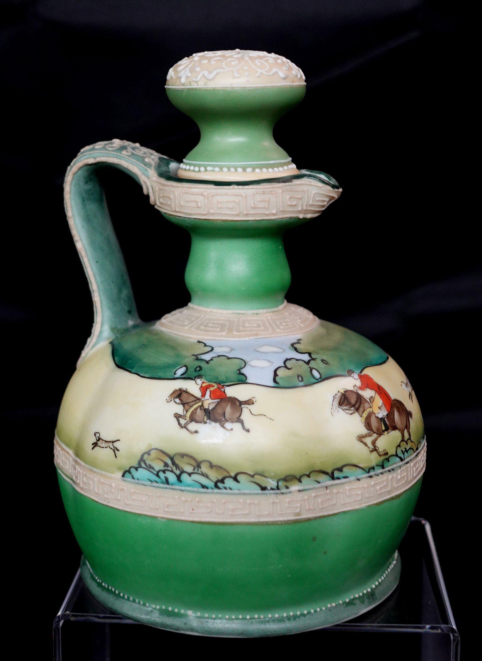 Hand-Crafted Antique Nippon Moriage Whiskey Jugs with English Hunt Scene