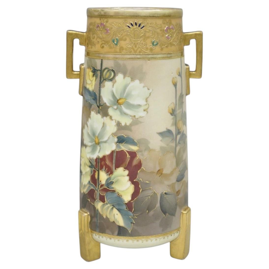 Antique Nippon Noritake Hand Painted Art Nouveau Porcelain Footed Round Vase