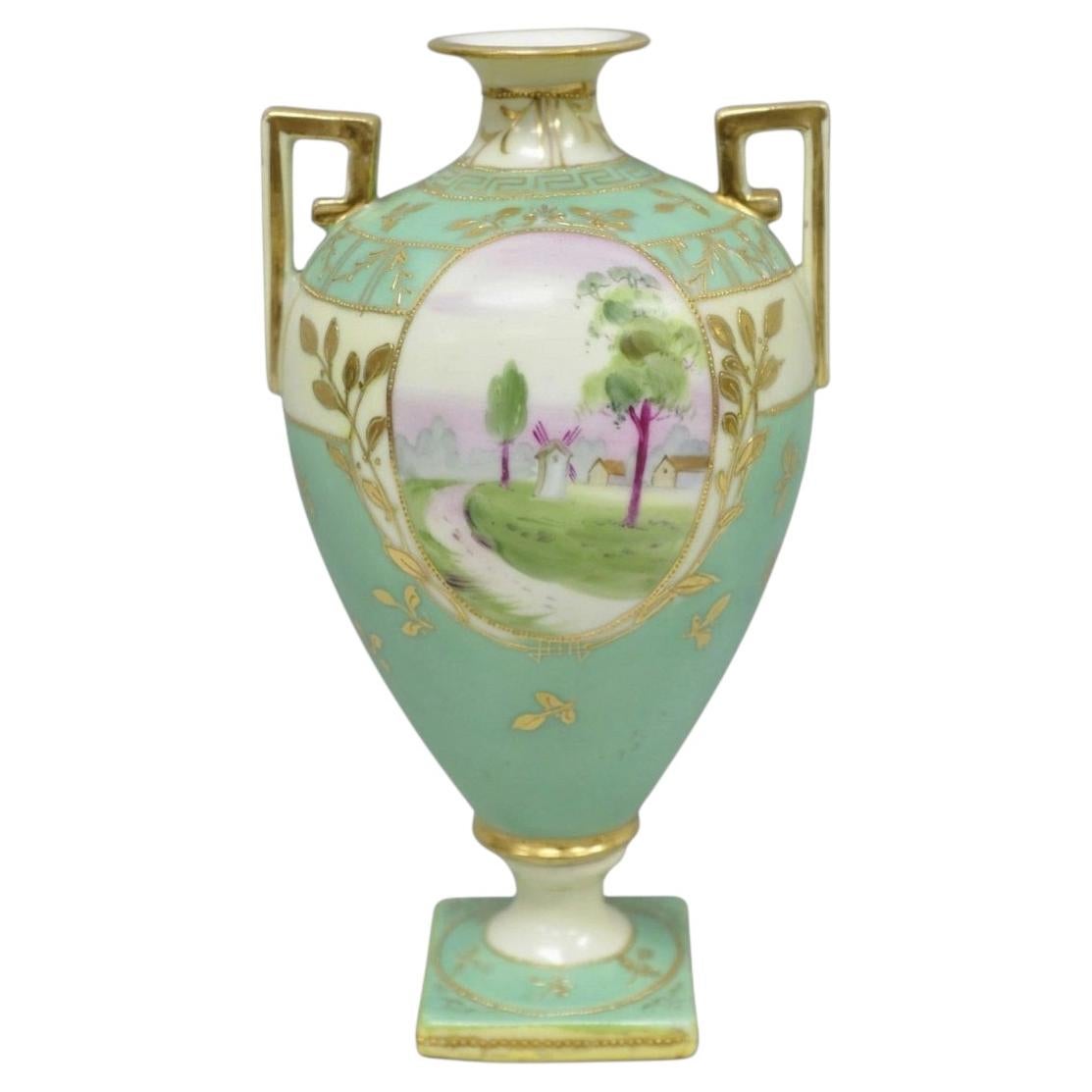 Antique Nippon Porcelain Hand Painted Windmill Scene Green Small Bolted Vase (B)
