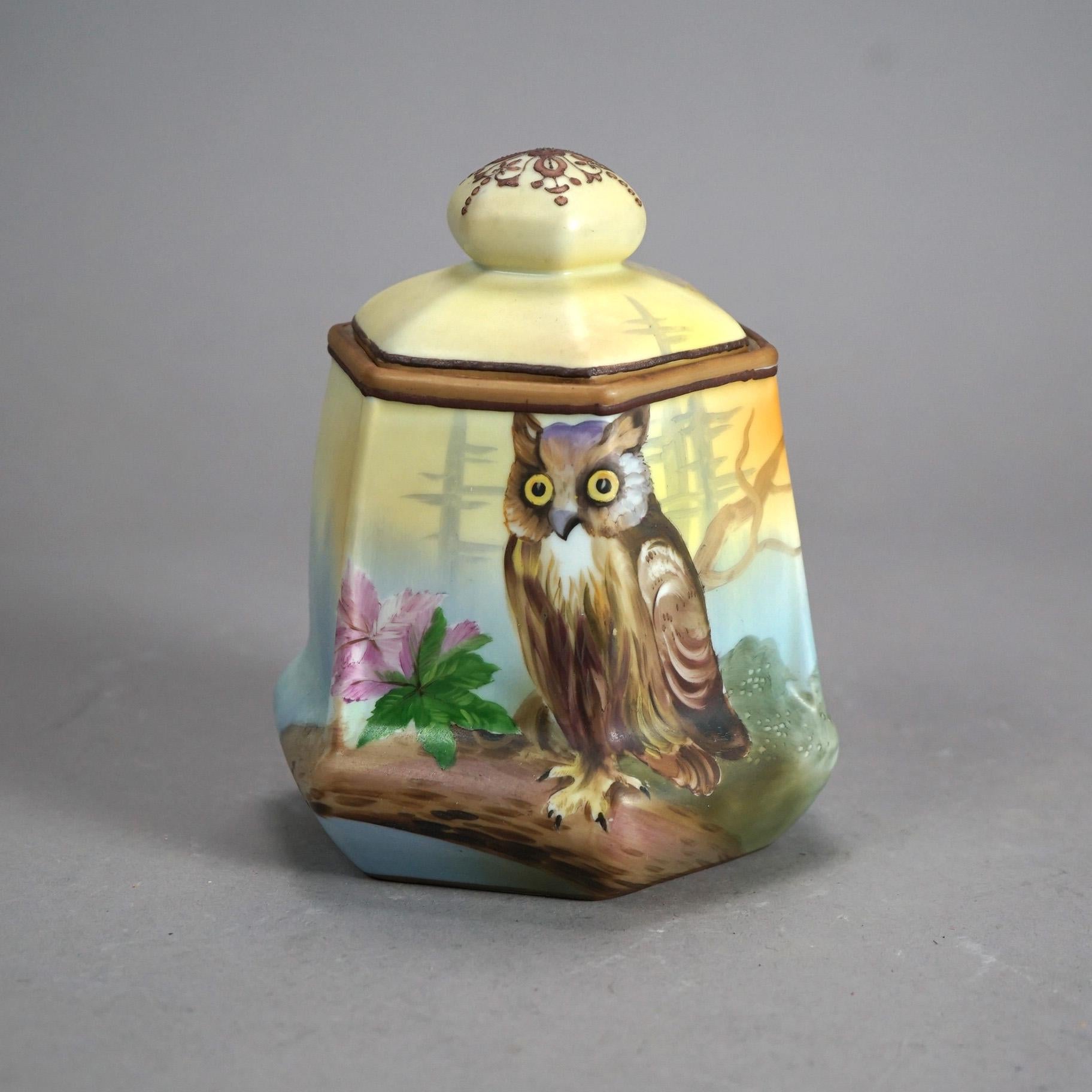 Japanese Antique Nippon Porcelain Humidor with Hand Painted Owl C1920’s