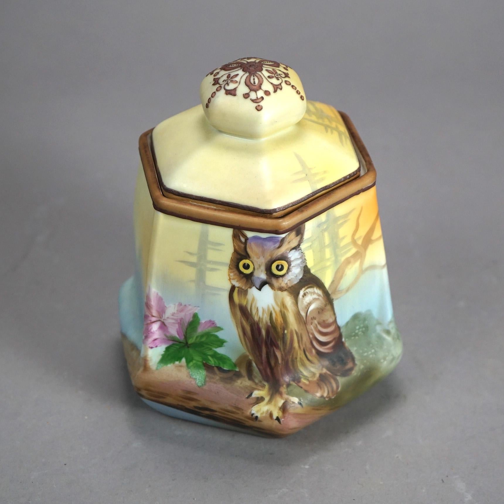 Hand-Painted Antique Nippon Porcelain Humidor with Hand Painted Owl C1920’s