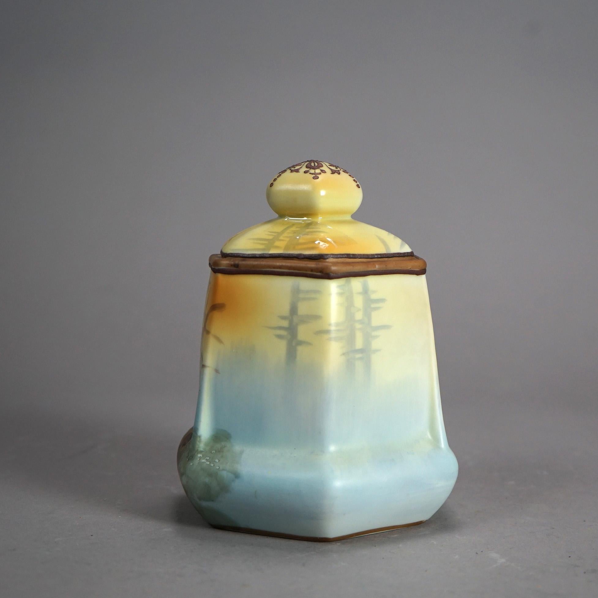 Antique Nippon Porcelain Humidor with Hand Painted Owl C1920’s In Good Condition In Big Flats, NY