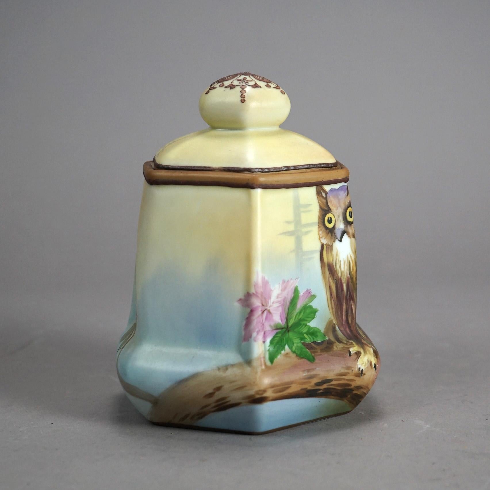 Antique Nippon Porcelain Humidor with Hand Painted Owl C1920’s 1