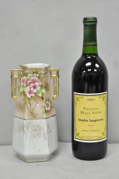 Antico vaso Nippon a due manici rosa dipinto a mano in porcellana esagonale con bordo dorato