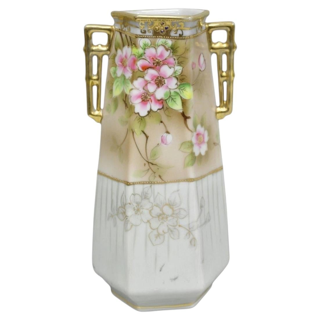 Antique Nippon Twin Handled Pink Hand Painted Porcelain Hexagon Gold Rimmed Vase