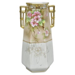 Antico vaso Nippon a due manici rosa dipinto a mano in porcellana esagonale con bordo dorato
