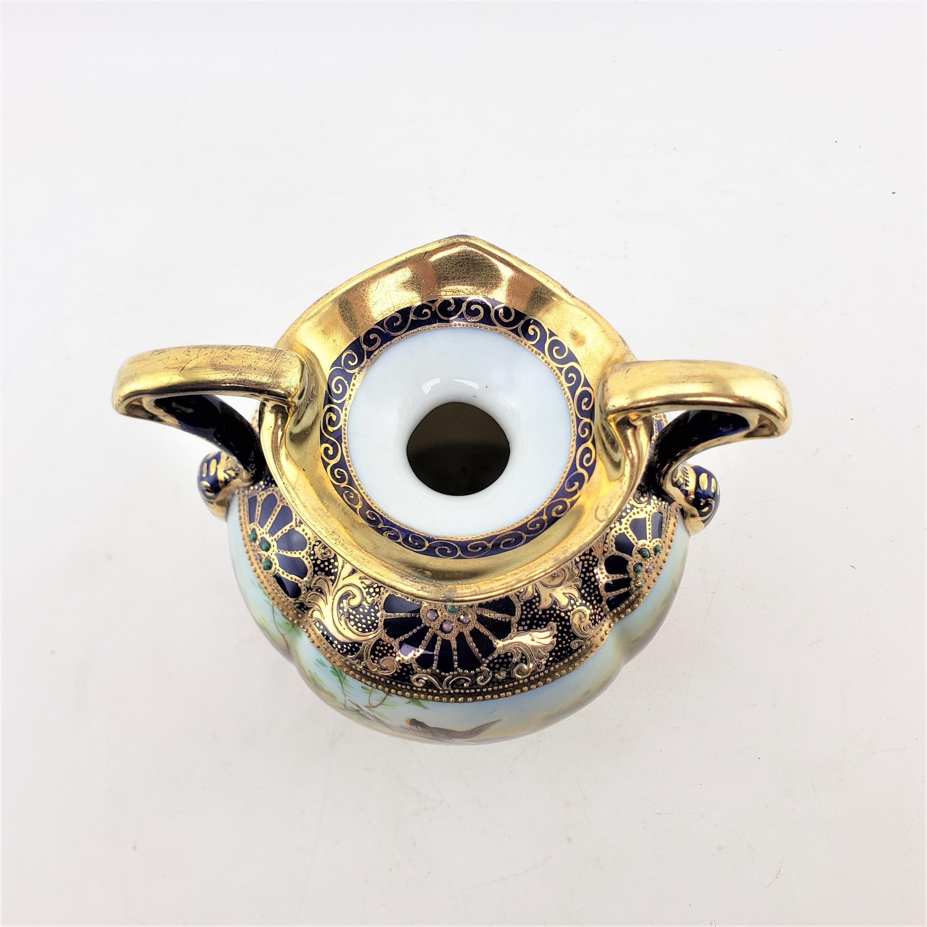 Porcelain Antique Nippon Vase with Hand-Painted Pond Scene & Heavy Gilt Decoration