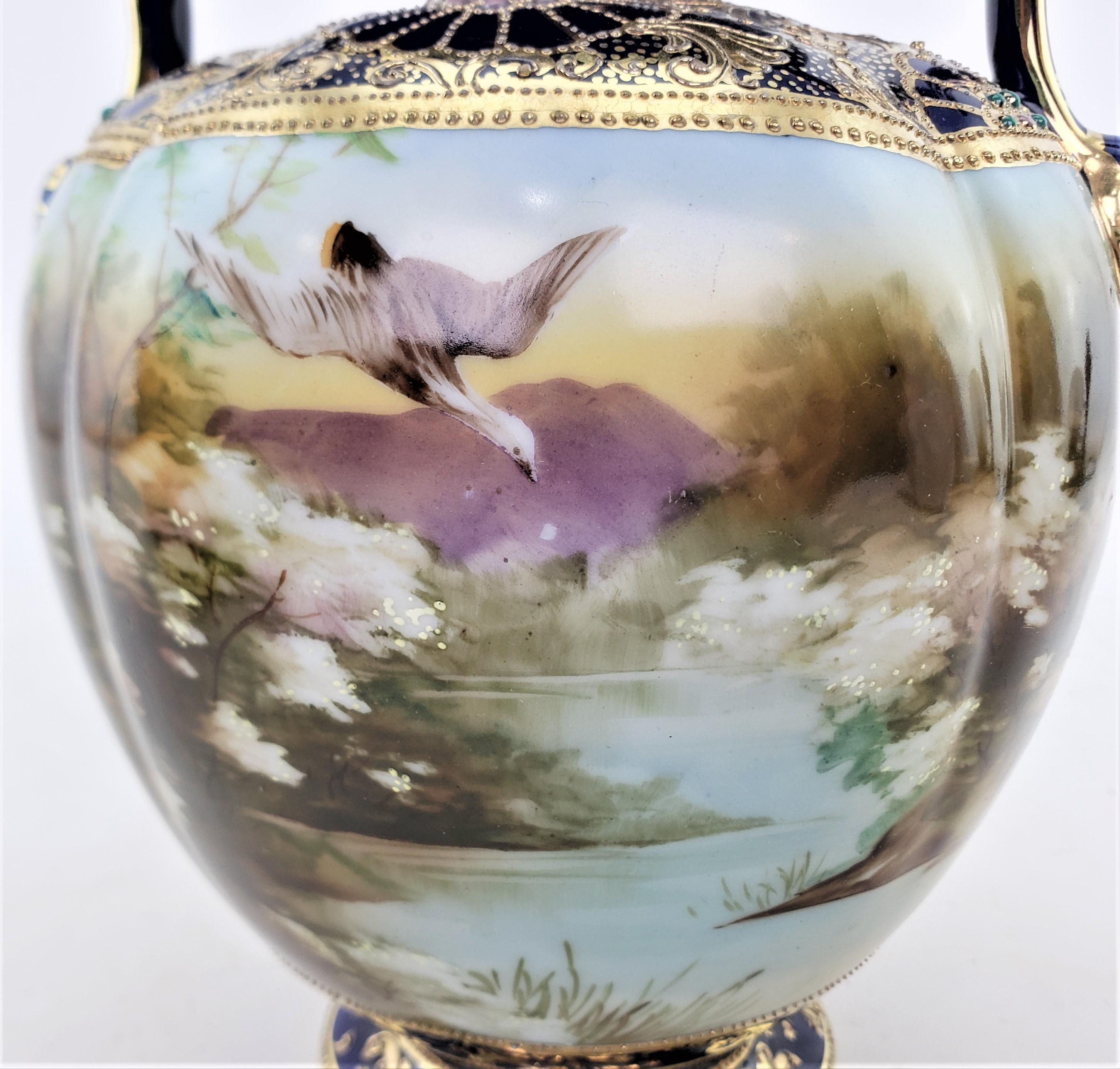 Antique Nippon Vase with Hand-Painted Pond Scene & Heavy Gilt Decoration 7
