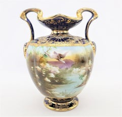 Antique Nippon Vase with Hand-Painted Pond Scene & Heavy Gilt Decoration