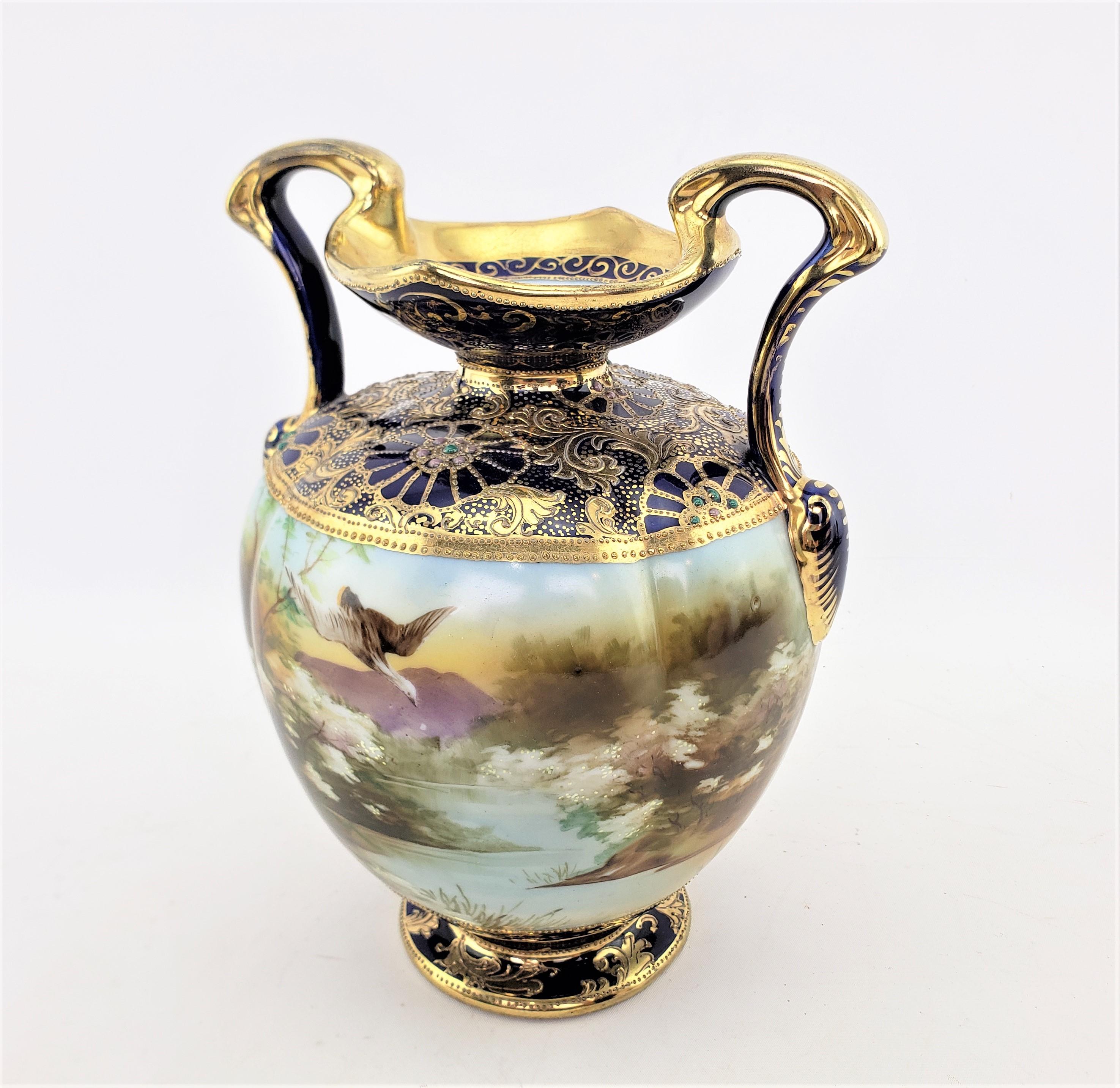 Art Deco Antique Nippon Vase with Hand-Painted Pond Scene & Heavy Gilt Decoration