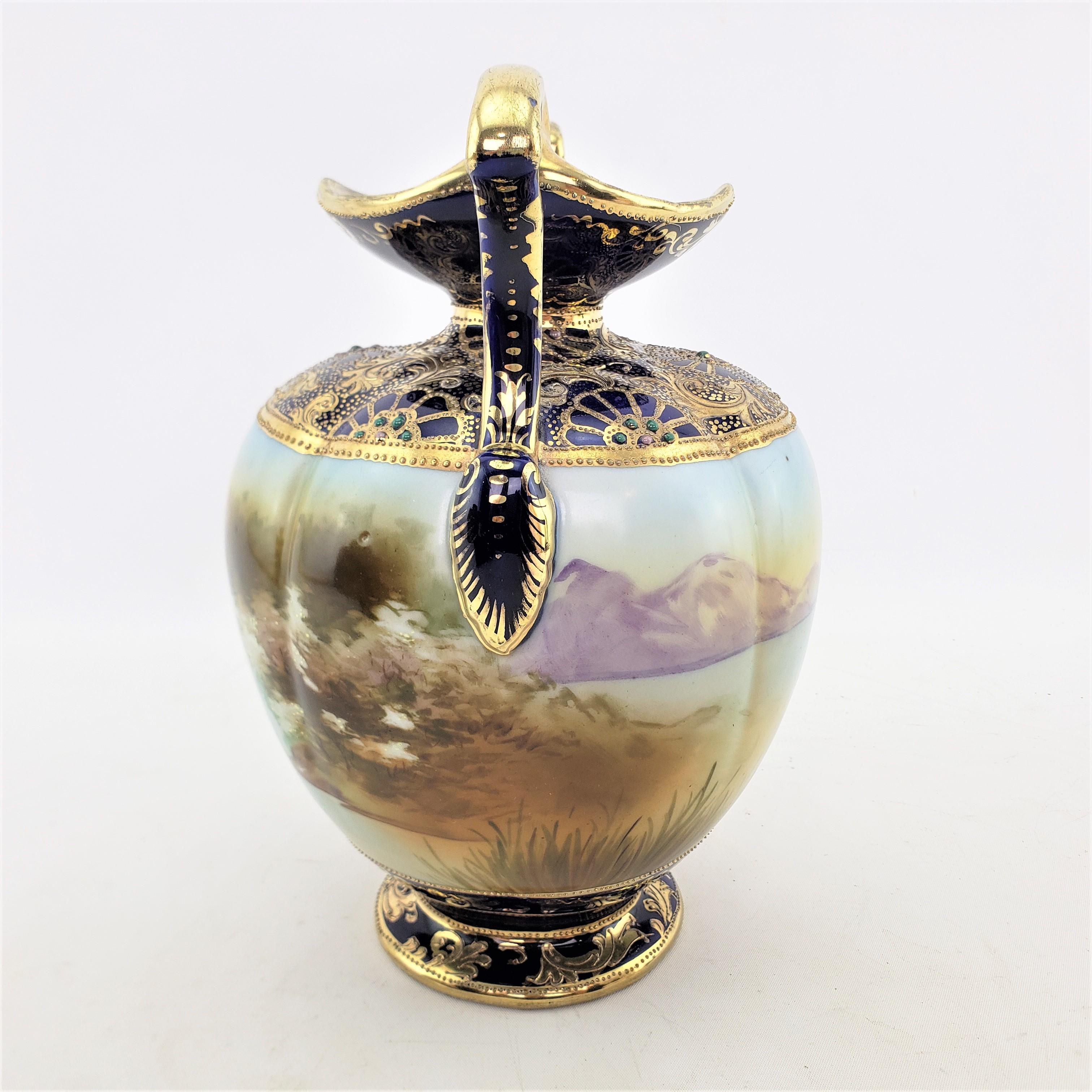 Japanese Antique Nippon Vase with Hand-Painted Pond Scene & Heavy Gilt Decoration