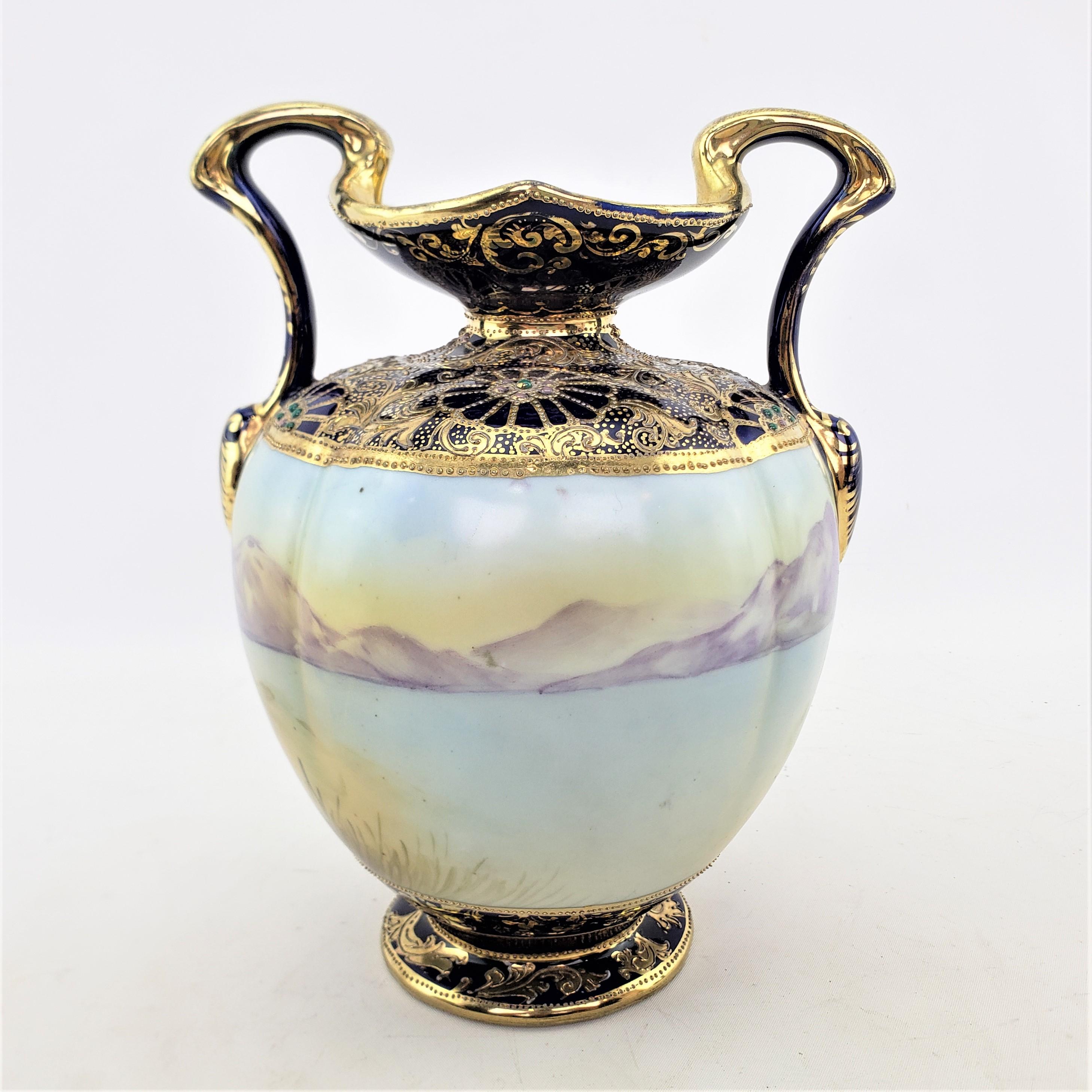 Antique Nippon Vase with Hand-Painted Pond Scene & Heavy Gilt Decoration In Good Condition In Hamilton, Ontario