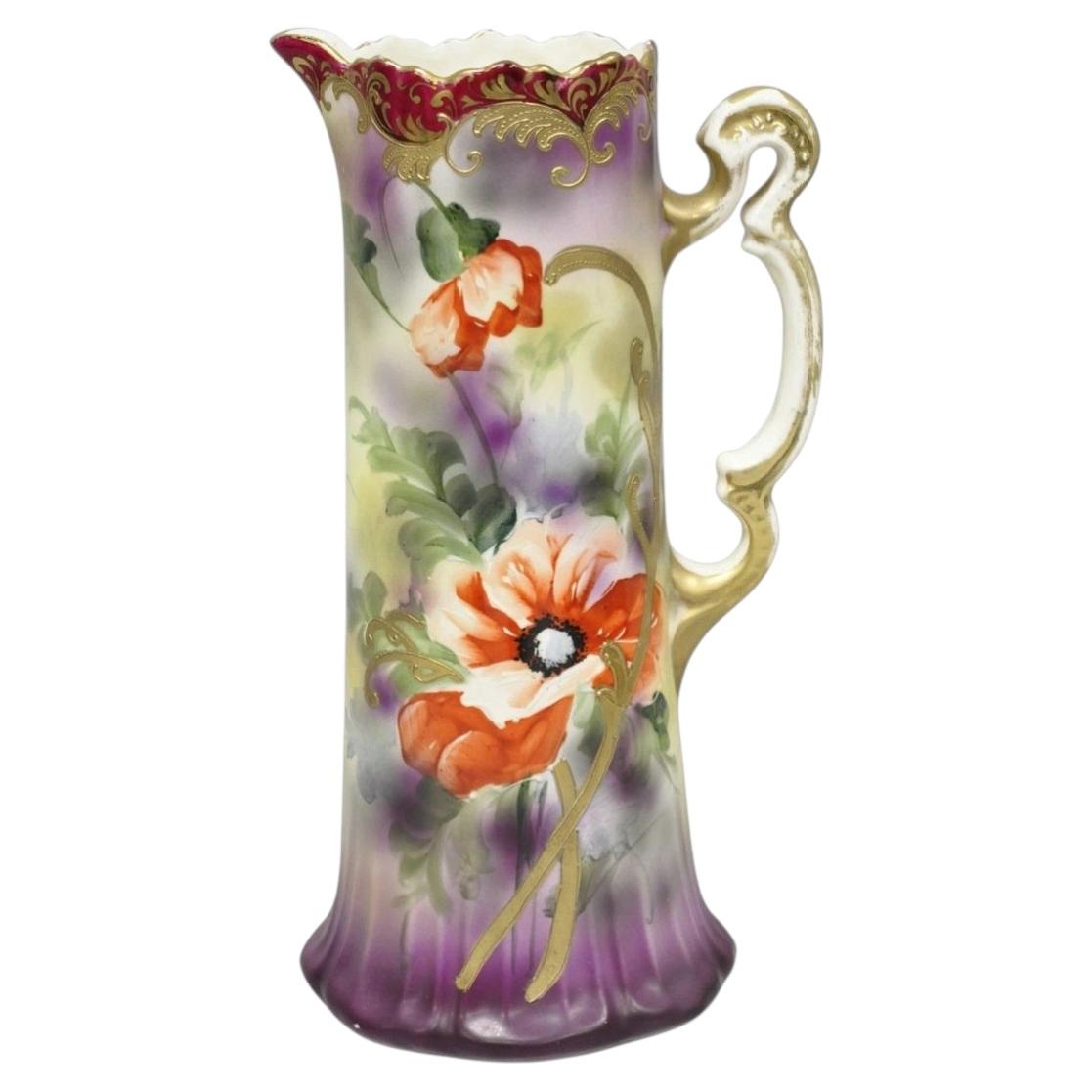 Antique Nishiku Royal Nippon Hand Painted Floral Gold Gilt Handle Water Pitcher