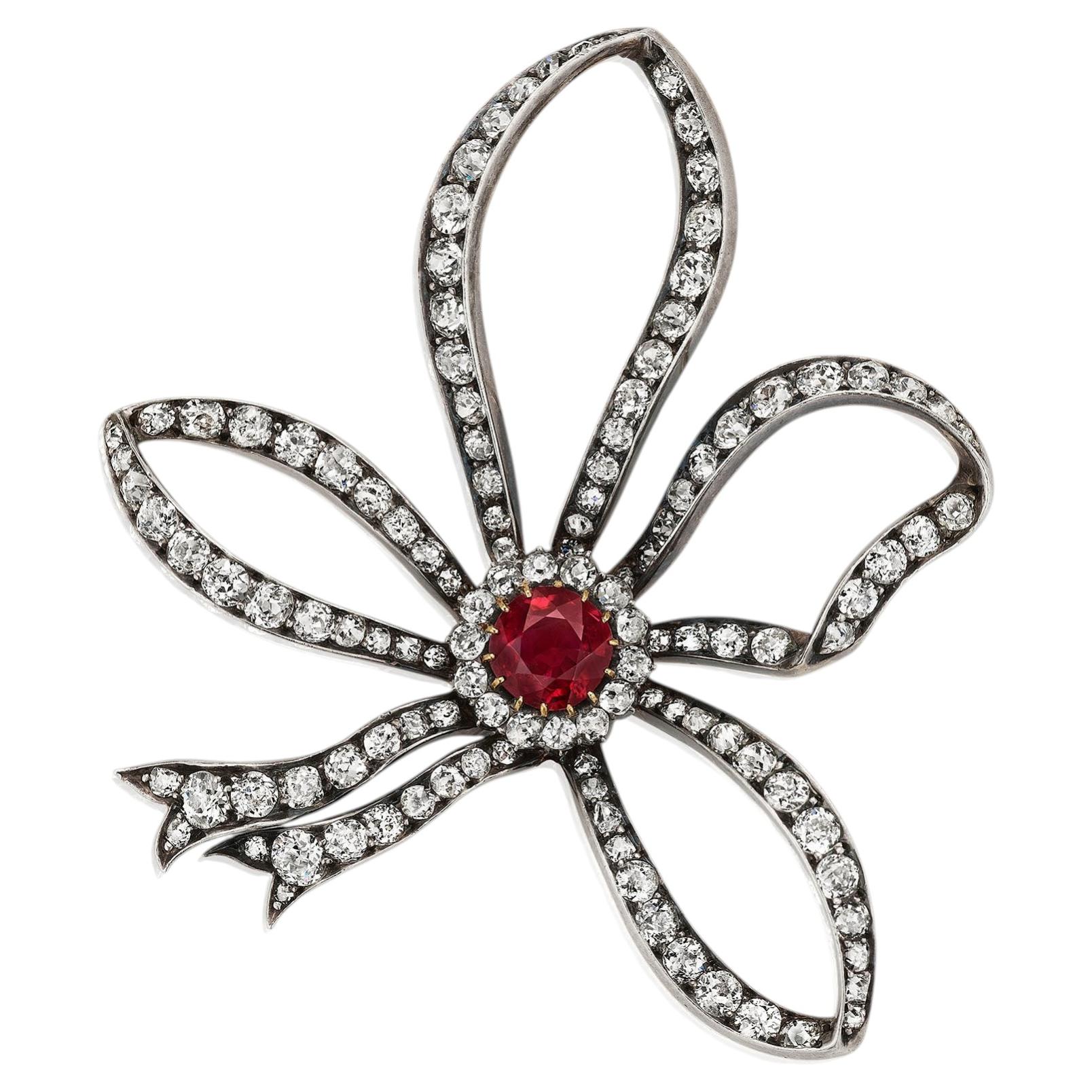 Antique No-Heat Ruby Bow Brooch