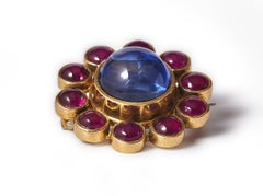 Antique No heat Sapphire and ruby 18k gold brooch, circa 1925