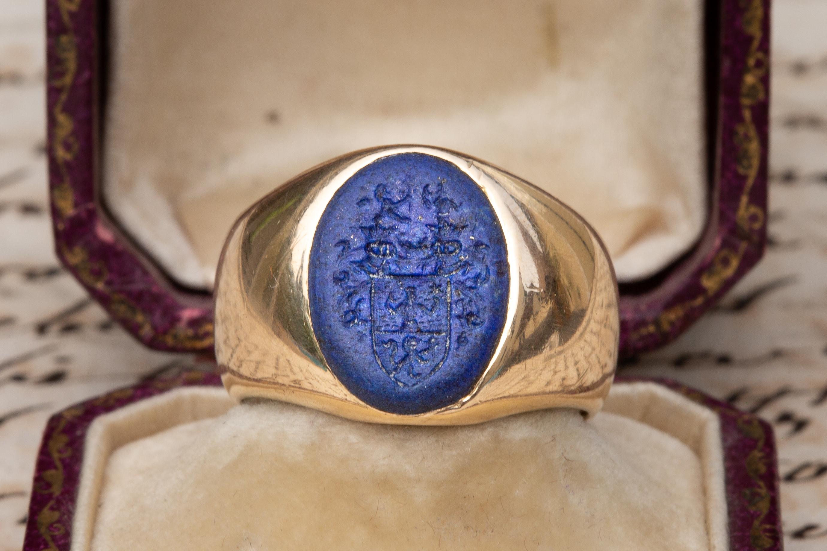 Victorian Antique Nobility 'Ritter von Tabora' Coat of Arms Lapis Lazuli Intaglio Signet