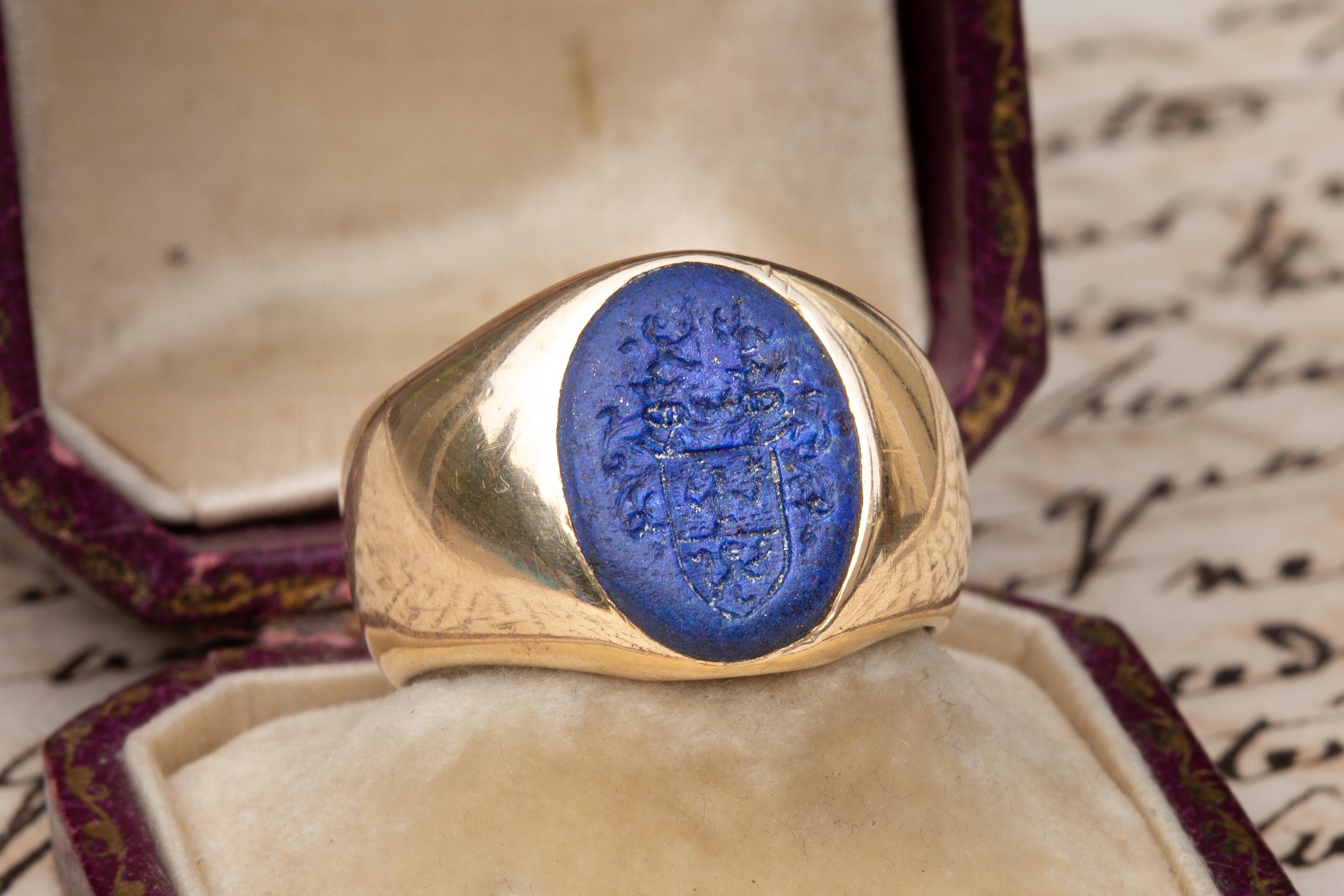 Oval Cut Antique Nobility 'Ritter von Tabora' Coat of Arms Lapis Lazuli Intaglio Signet