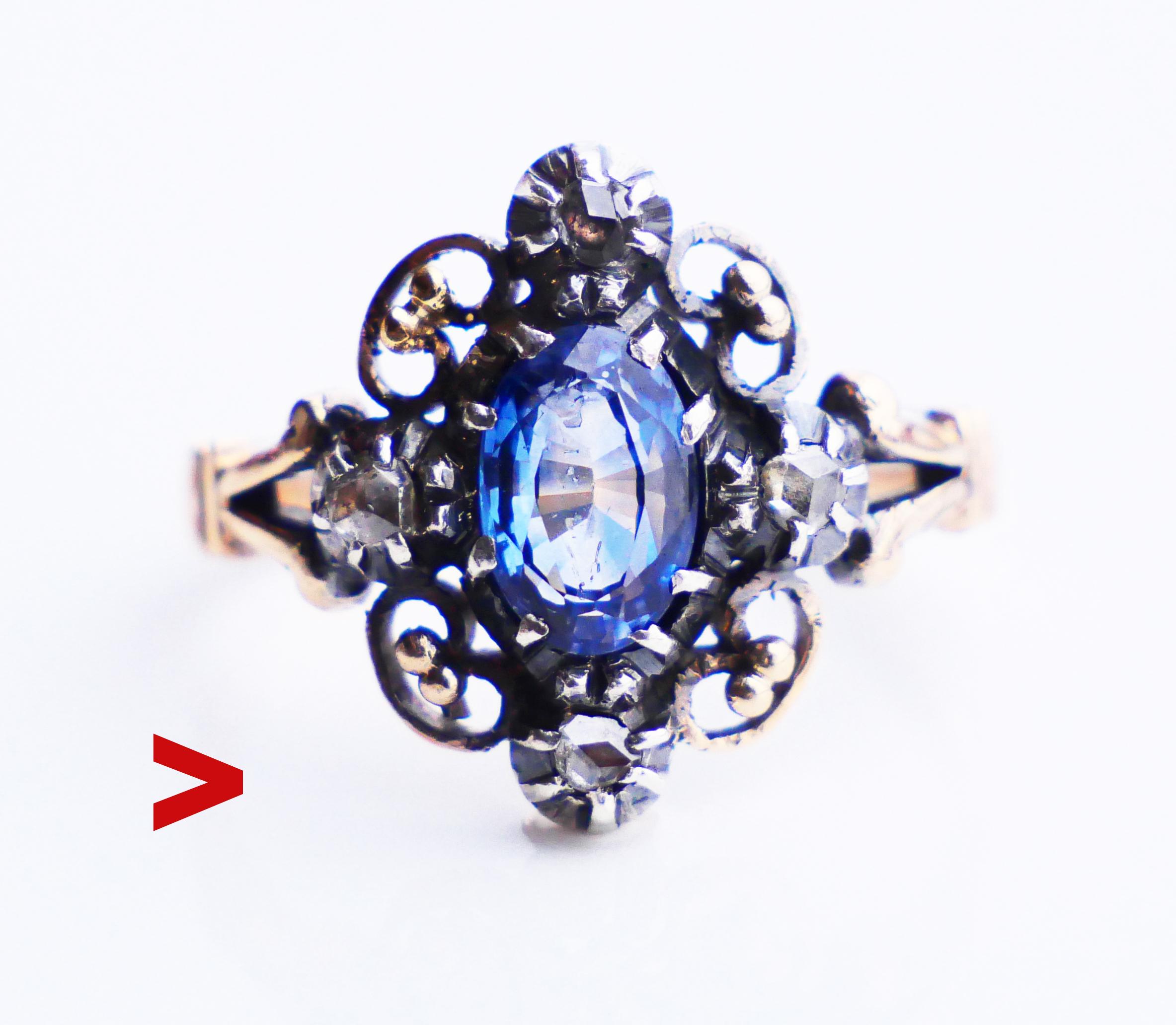 This Renaissance-styled ring has a flower-shaped composite Silver on an 18K Gold crown measuring 16 mm x 13 mm x 3.5 mm. The central stone is oval cut natural Ceylon Sapphire of Light - Blue color /Cornflower variety 8.25 mm x 5.6 mm x 3.3 mm deep /