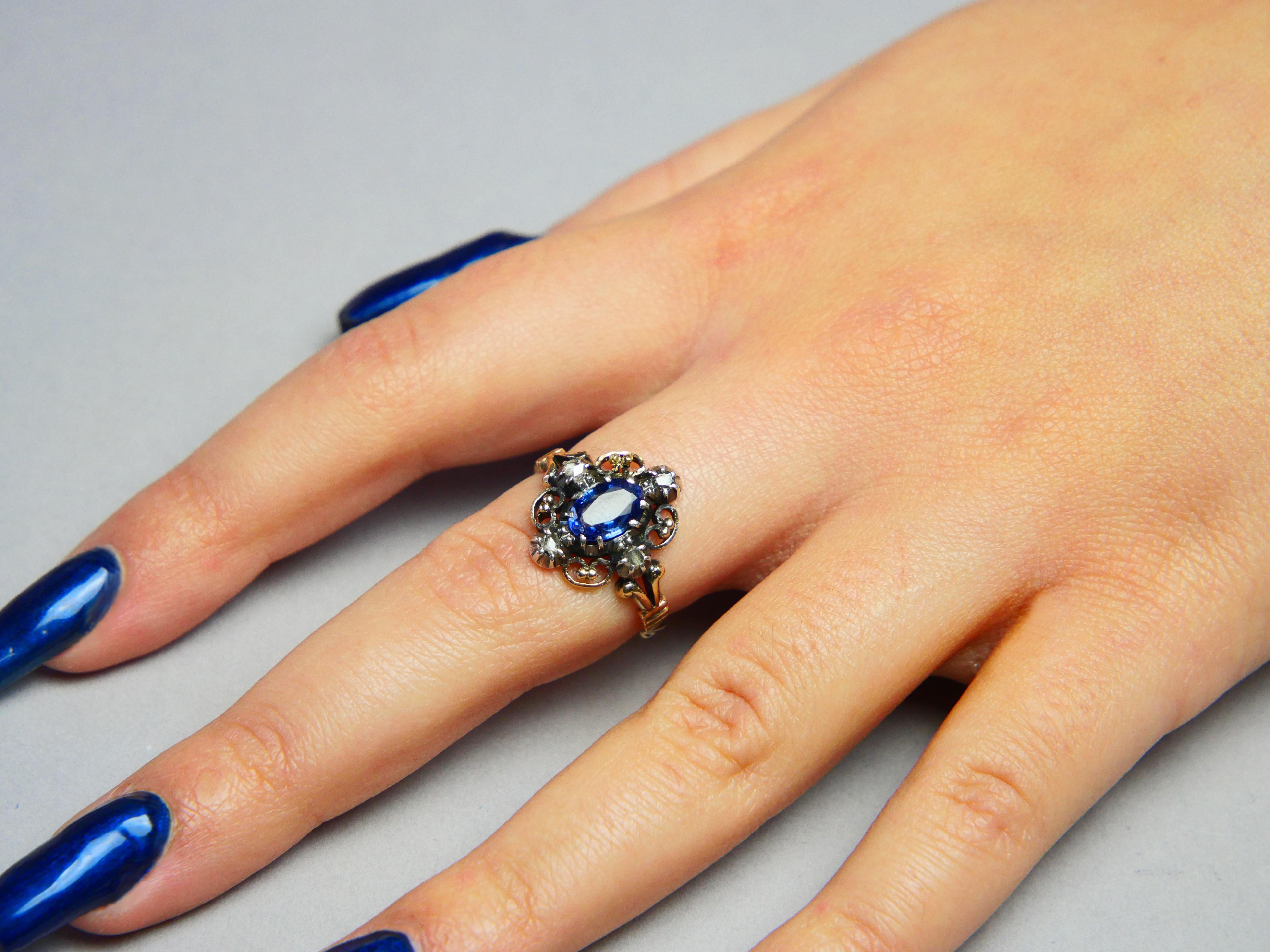 Antique Nordic Ring 1.5 ct Natural Cornflower Sapphire Diamonds solid 18K Gold S For Sale 1