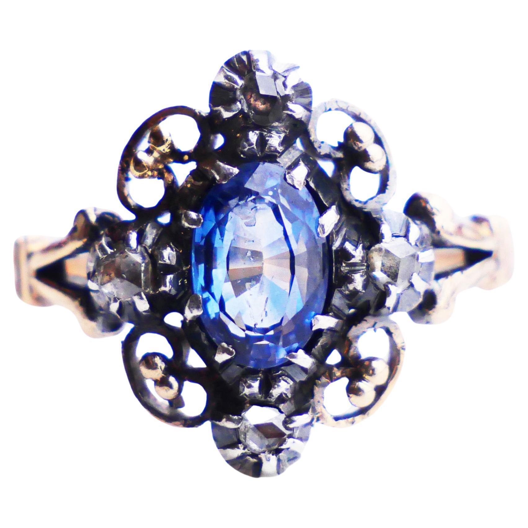 Antique Nordic Ring 1.5 ct Natural Cornflower Sapphire Diamonds solid 18K Gold S For Sale