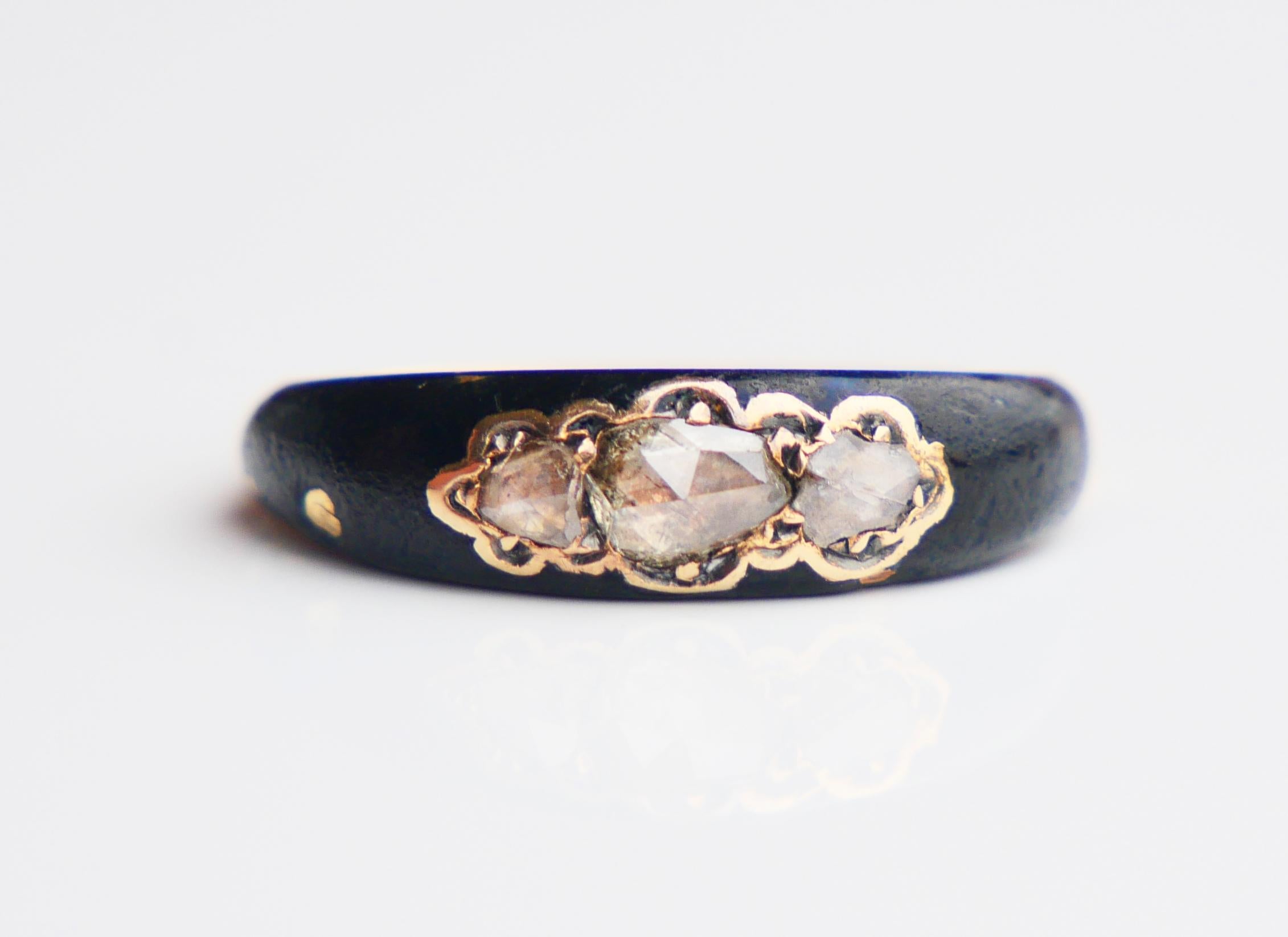 Anillo Nórdico Antiguo 1ctw. Daimond Esmalte Negro macizo Oro Amarillo 18K Ø 5US / 3gr 5