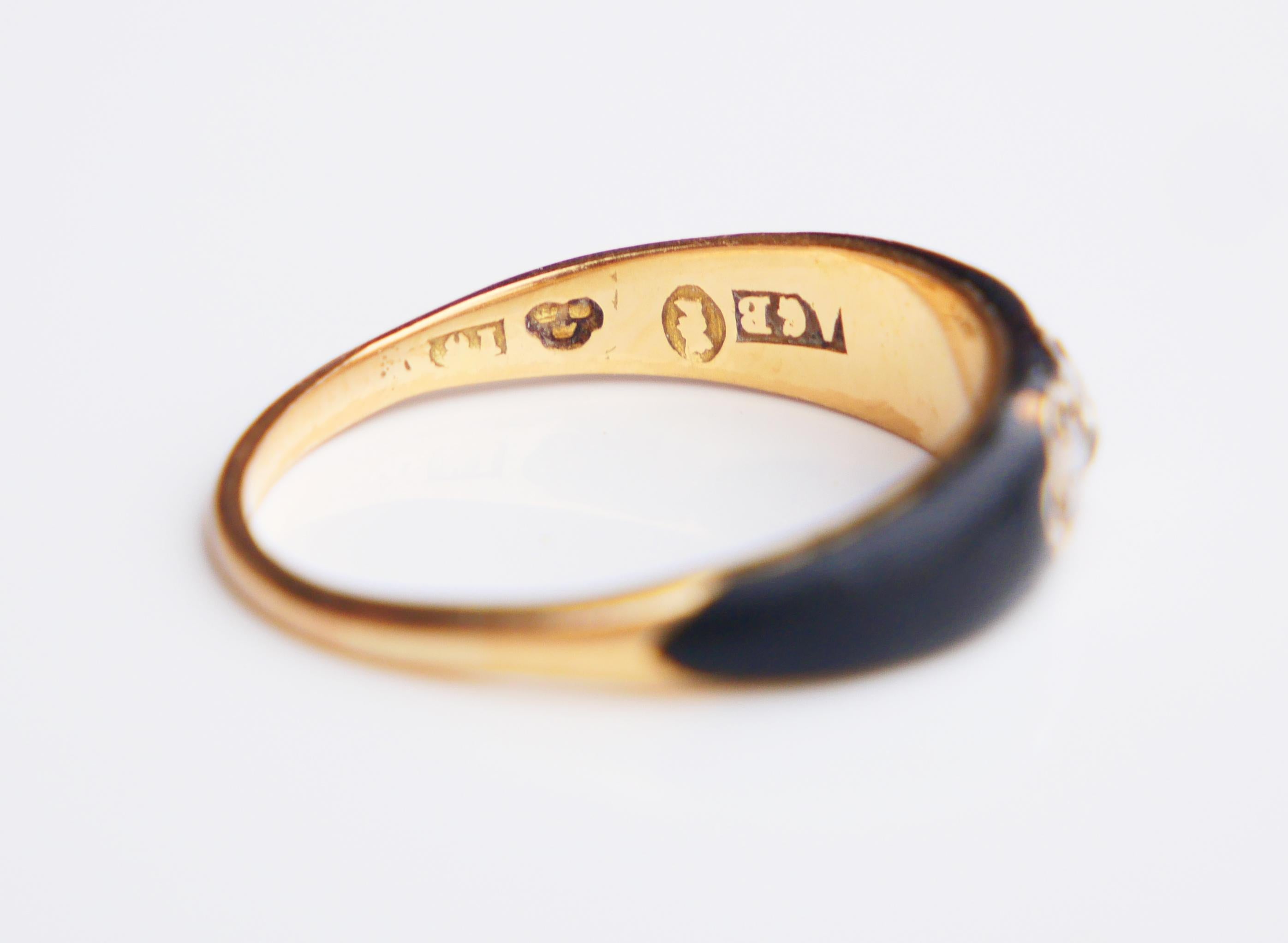 Anillo Nórdico Antiguo 1ctw. Daimond Esmalte Negro macizo Oro Amarillo 18K Ø 5US / 3gr 7