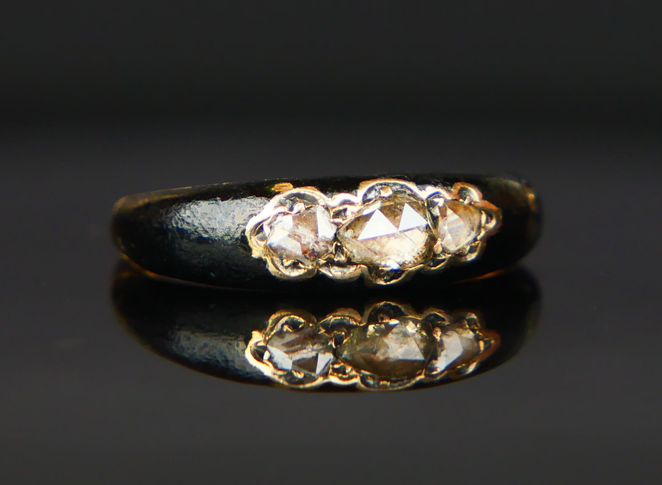 Anillo Nórdico Antiguo 1ctw. Daimond Esmalte Negro macizo Oro Amarillo 18K Ø 5US / 3gr Belle Époque