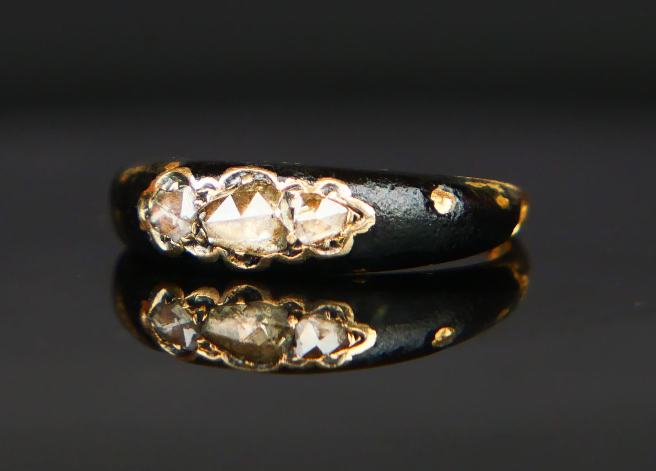 Anillo Nórdico Antiguo 1ctw. Daimond Esmalte Negro macizo Oro Amarillo 18K Ø 5US / 3gr Corte rosa