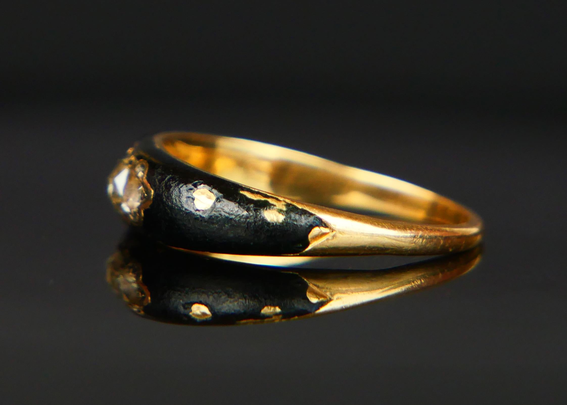De las mujeres Anillo Nórdico Antiguo 1ctw. Daimond Esmalte Negro macizo Oro Amarillo 18K Ø 5US / 3gr