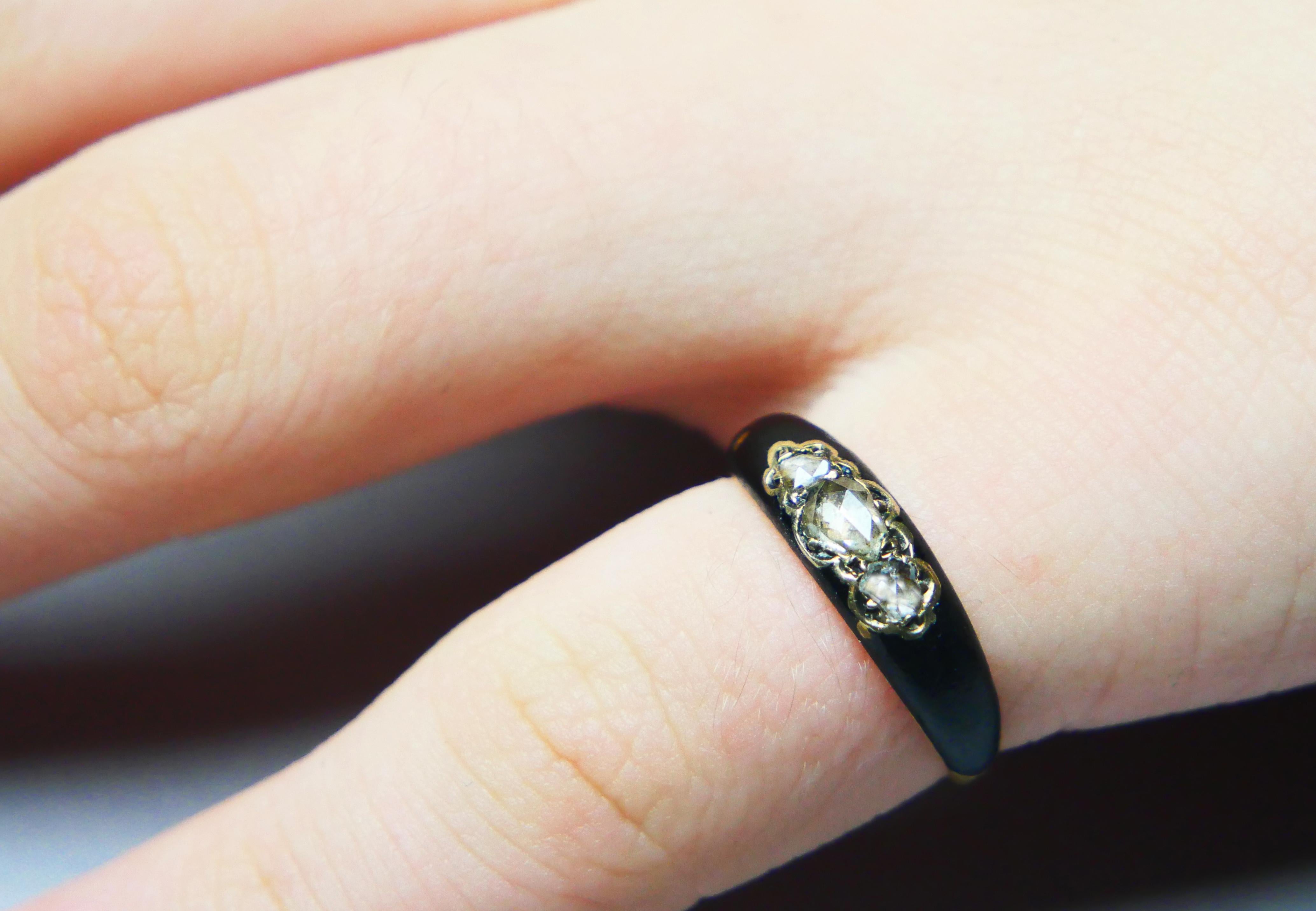 Anillo Nórdico Antiguo 1ctw. Daimond Esmalte Negro macizo Oro Amarillo 18K Ø 5US / 3gr 2